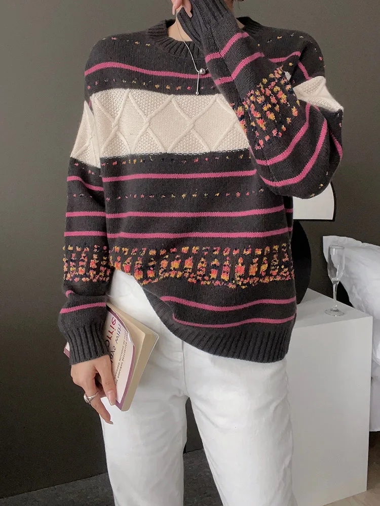 High Quality Women Autumn Winter Thick Sweater O-neck Multicolor Twist Striped Pullover 100% Merino Wool Knitwear Vintage Style