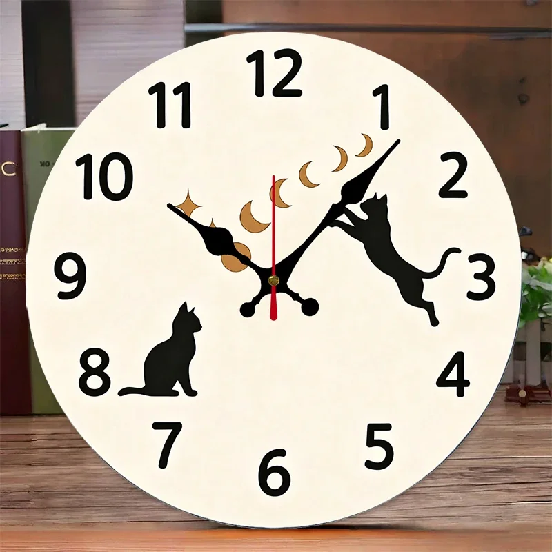 Cat & Moon Design Wooden Round Silent Hanging Wall Clock, Suitable For Living Room, Office, Study Room, Bedroom, Home Decoration