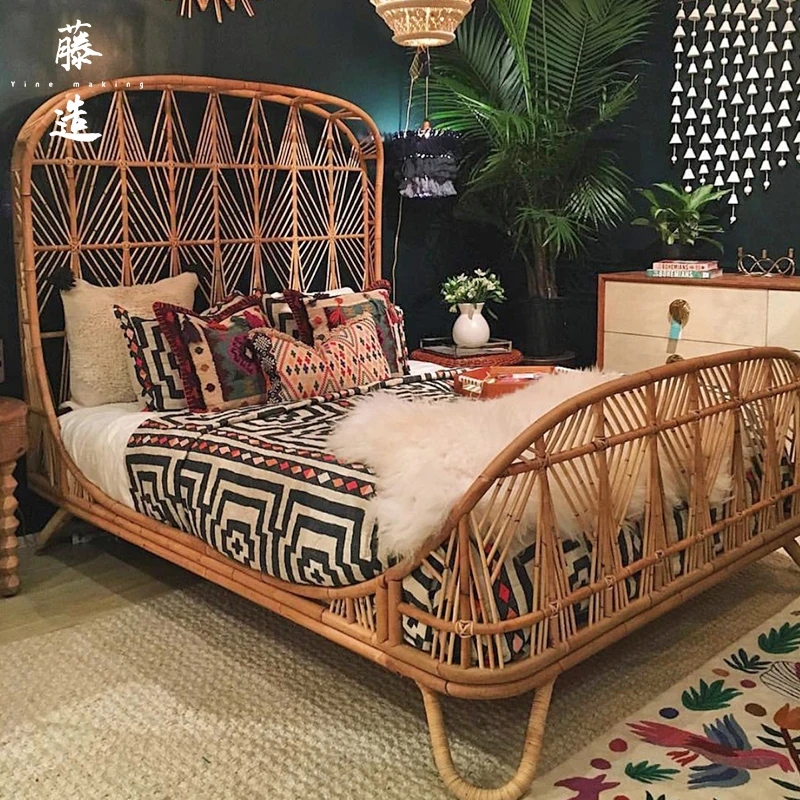 

Simple rattan weaving, 1.5M double bed furniture, rattan art 1.8M, Southeast Asian creative bedroom, homestay, rattan wooden bed