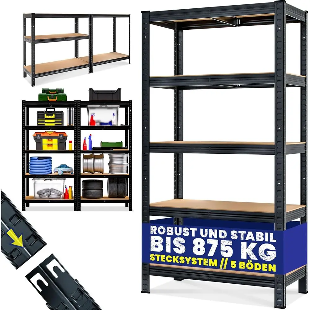 Metal Storage Rack Shelving Cabinet for Garage, Basement, or Barn - 180x90x40cm, 875kg Load Capacity, Black