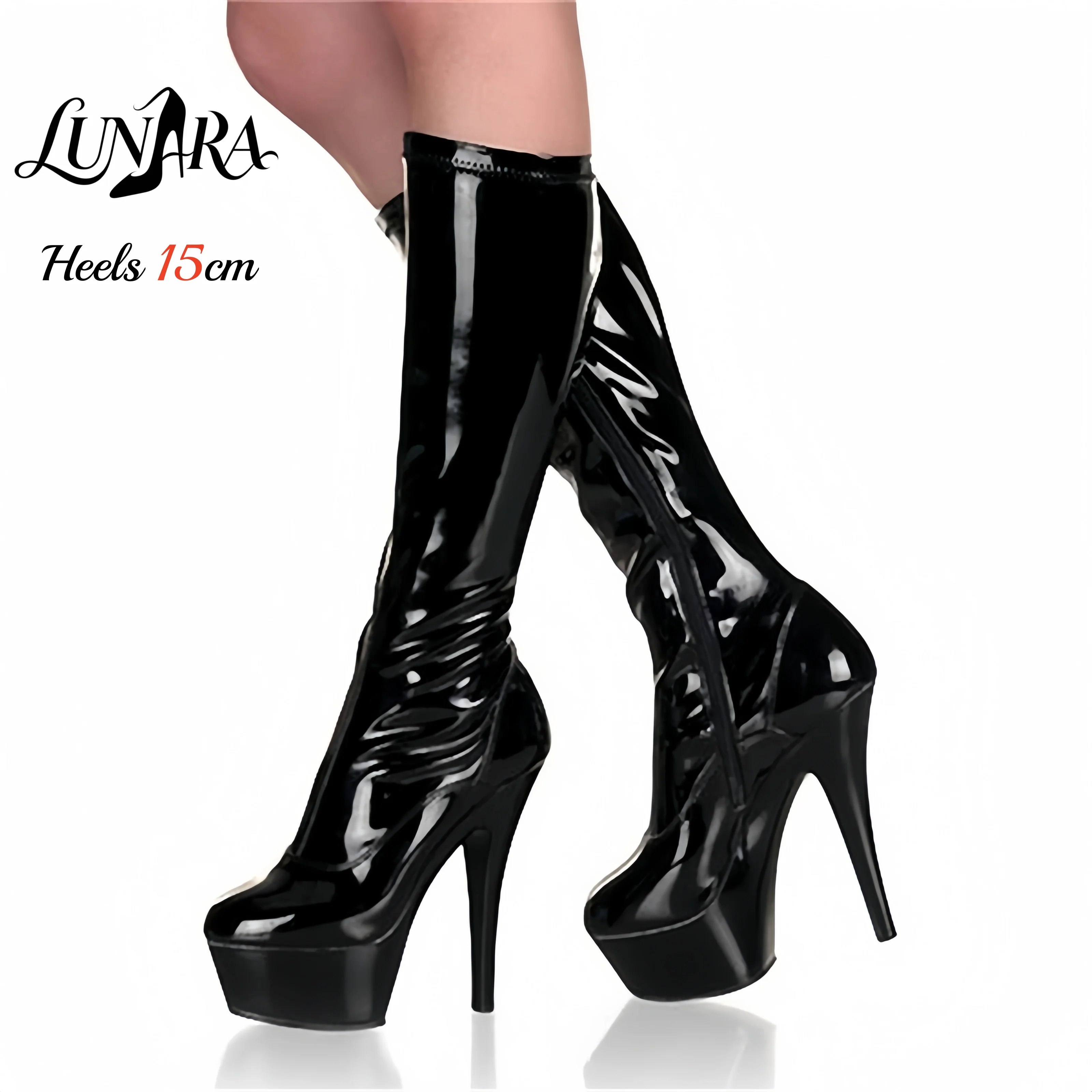 15cm/6Inch For Women Black Patent Zipper Closed Toe Platform Stilettos Mid-calf boots Exotic Pole dance Nightclub Rave Parties