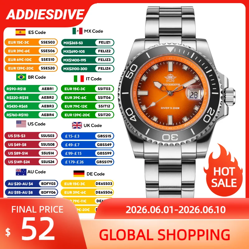 

ADDIESDIVE Hot Sale Quartz Watch 200m Waterproof Luminous Luxury Rotatable Bezel Stainless Steel 41mm Watches For Men New AD2089