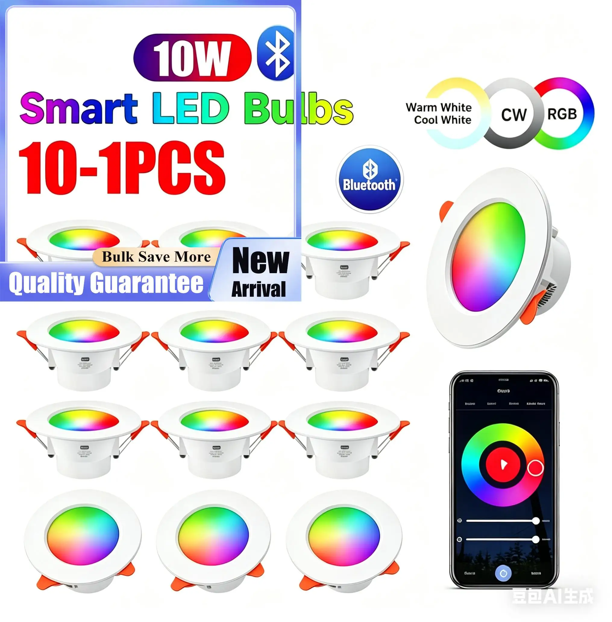 1-10PCS RGB LED Downlight 10W Bluetooth Smart Ceiling Light GB+CW+WW Dimmable Spotlight Voice Control for Google Alexa Home