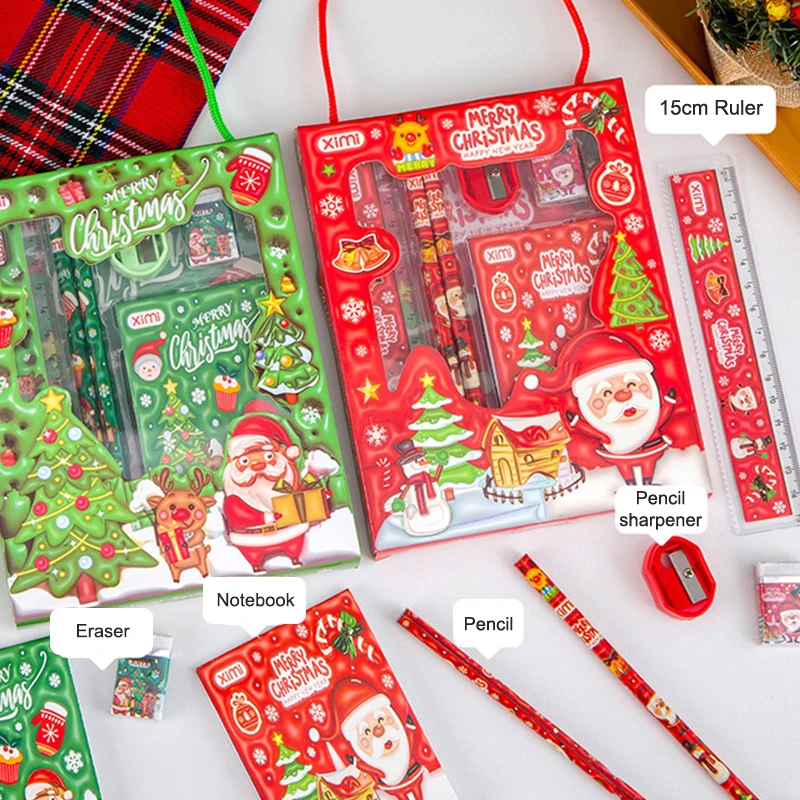 6pcs/set Stationery Set Christmas Gifts For Kids Party Supplies Pencil Eraser Note Book Xmas School Goodie Bag Carnival Favor