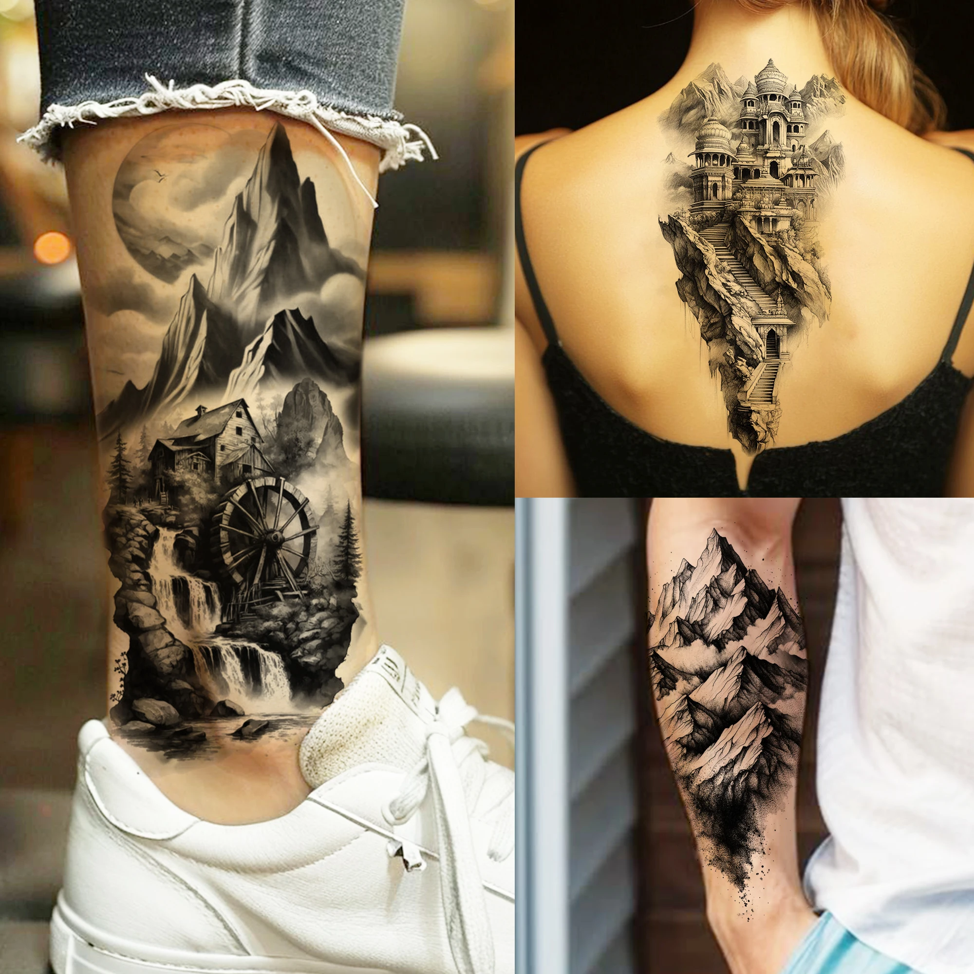 

1 Sheet Cool Mountain Waterfall Village Temporary Tattoos Realistic Fake Tattoos Waterproof Long Lasting Body Art Tatoo Sticker