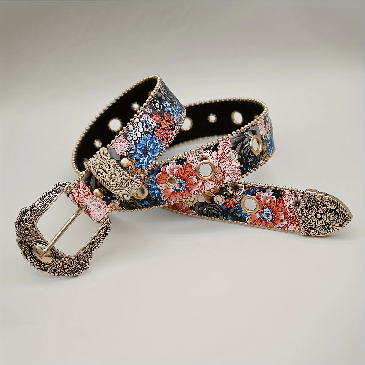 Plus Size Women's Aristocratic Palace Style Black Metal Buckle Multi-color Flower Print Belt, Decorative Belt for Jeans