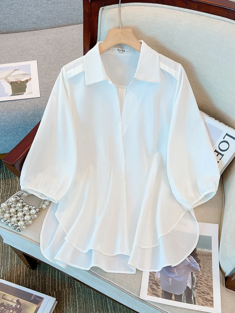 

White Slimming Bottom Shirt Women's Summer Large Size Unique Personality Top Youthful Cotton Blend Korean Style Collar