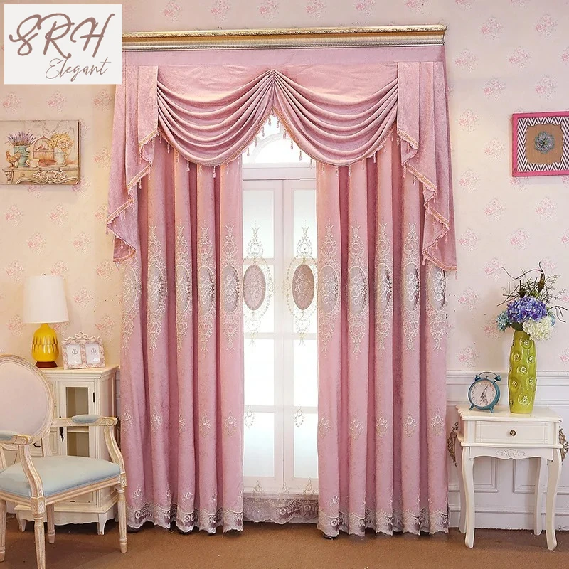 

European High-end Chenille Curtains for Living Room Bedroom Window Valance Embroidery Fresh Pink Decor Custom Elegant Lace Tulle