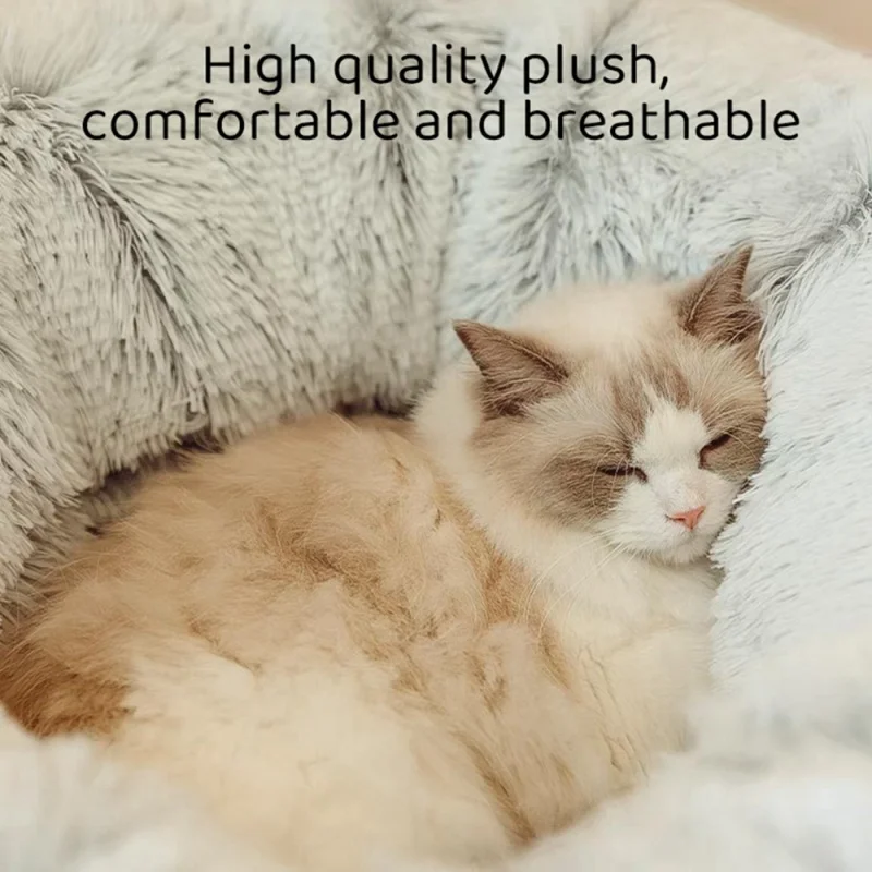 Plush Cat Bed With Tunnel Home Multifunctional Cat Toys Fluffy Donut Foldable Cat Passage Warm Cat Nest Universal Pet Supplies