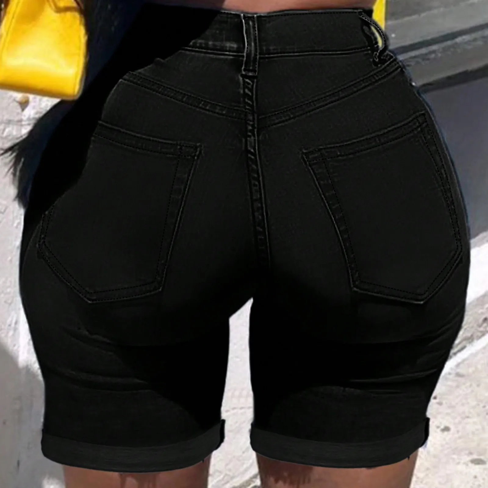 Dżinsy Damskie Vintage Szorty Do Kolan Elastyczne Z Wysokim Stanem Sprane Postarzane Kieszenie Denim Proste Krótkie Spodnie Streetwear