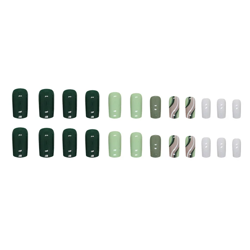 เล็บกดบนแถบสีเขียว 24 ชิ้น - บล็อกสีขาวน้ํานมและสีทึบรูปบัลเล่ต์ขนาดกลางสไตล์เรียบง่ายสด