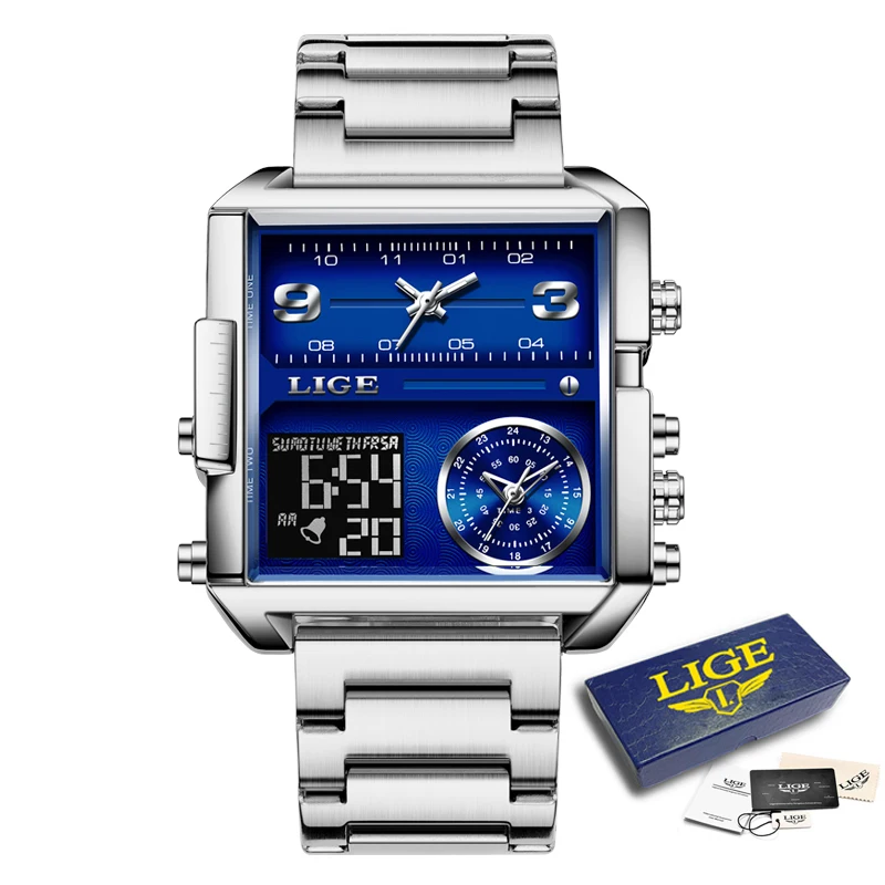 LIGE Neue Top Marke Luxus Mode Männer Uhren Gold Stahl Sport Platz Digital Analog Große Quarzuhr für Mann relogio masculino