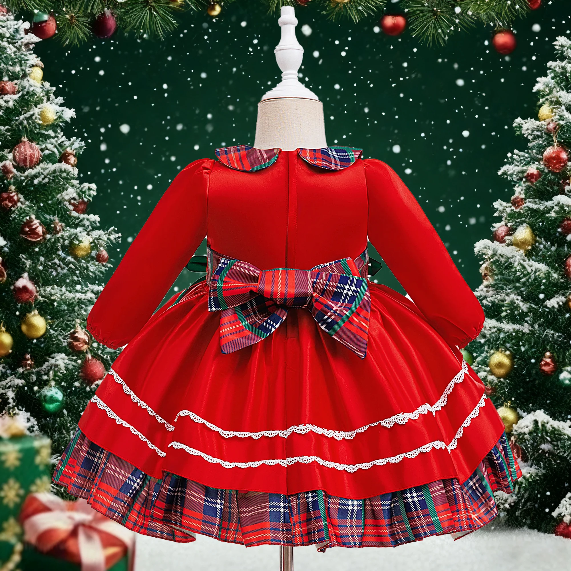 Long Sleeve Plaid Party Baby Dress for Girls Carnival Halloween Christmas Cosplay Costume Elegant Baby Prom 1st Birthday Dresses