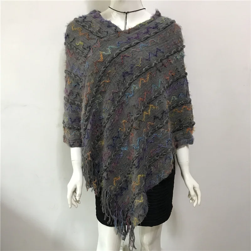 

2022 New Spring Autumn Leisure Women Pullover Thin V-neck Lady Cloak Shawl Sweater Color Wavy Pattern Sunscreen Gray