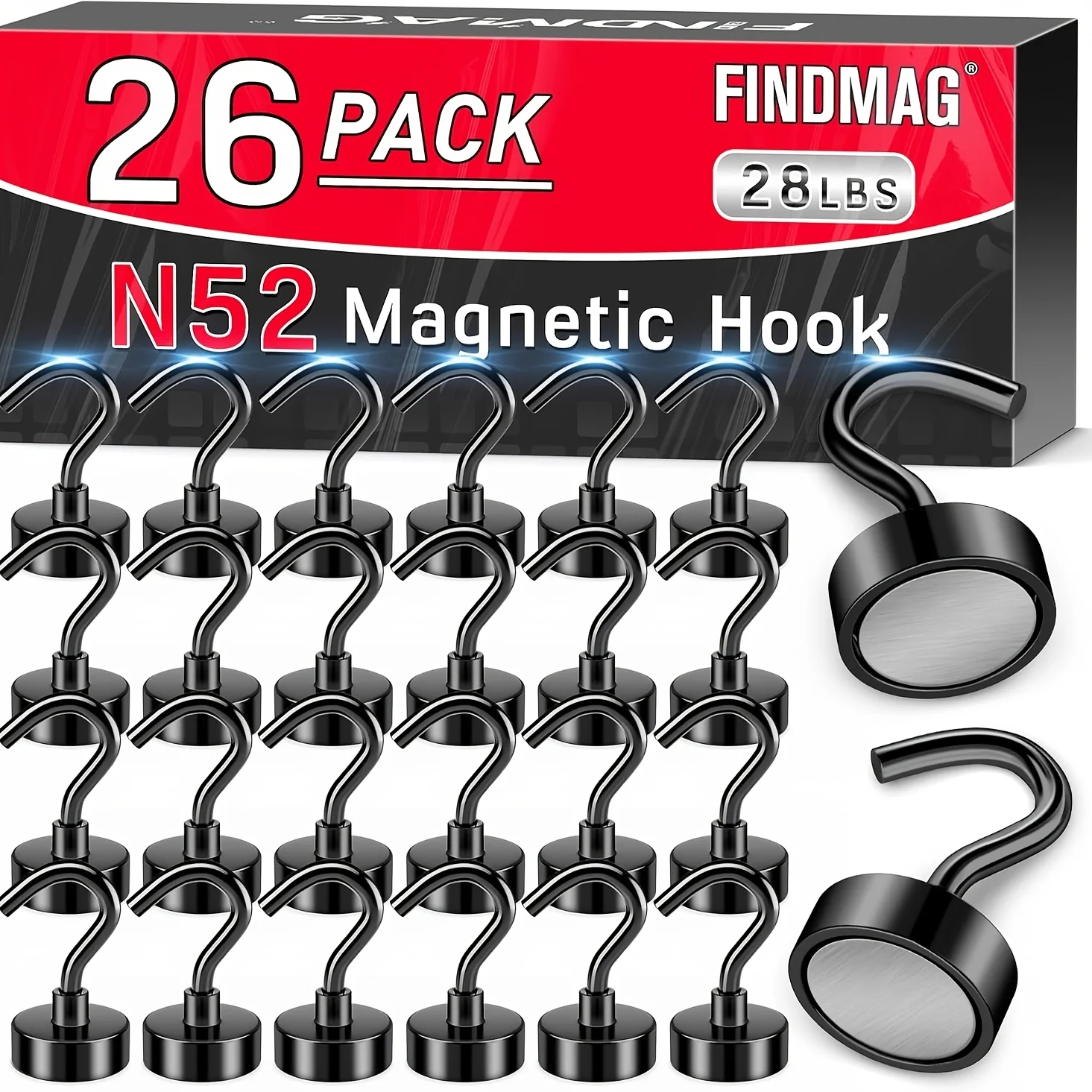 28 LBS Black Magnetic Hooks Heavy Duty, Neodymium Magnet Hooks, Strong Magnetic Hooks for Hanging, Magnet with Hooks for Home