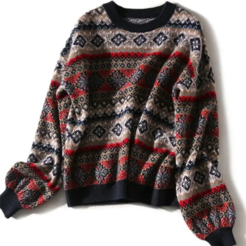 Vintage Christmas Sweater Women's 2024 Autumn Winter New Pullover Round Neck Lazy Thick Ethnic Sweater Woman Thick Knitted Tops