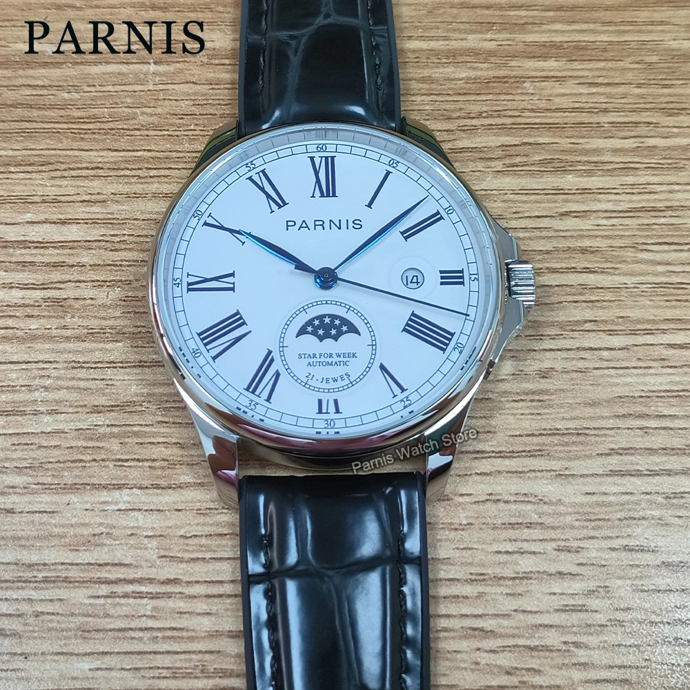 Parnis 42mm Blue Marks Roman Numeral Automatic Men\'s Watch Sapphire Crystal Stainless Steel Case Rubber Strap