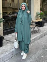 Eid musulman Long Khimar haut pantalon 2 pièces ensemble femmes Abaya prière vêtement couverture complète Ramadan caftan Djellaba Musulman Ensembles 1