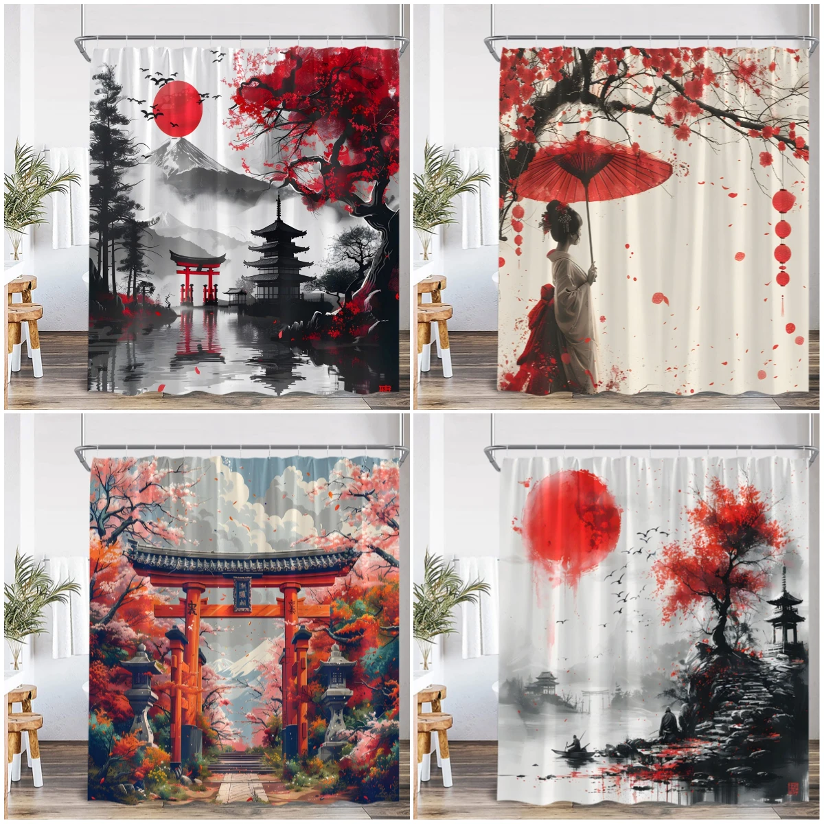 Samurai Geisha Japanese Style Ink Painting Shower Curtain Japan Shrine Red Sun Mountain River Pink Cherry Blossom Bath Curtain