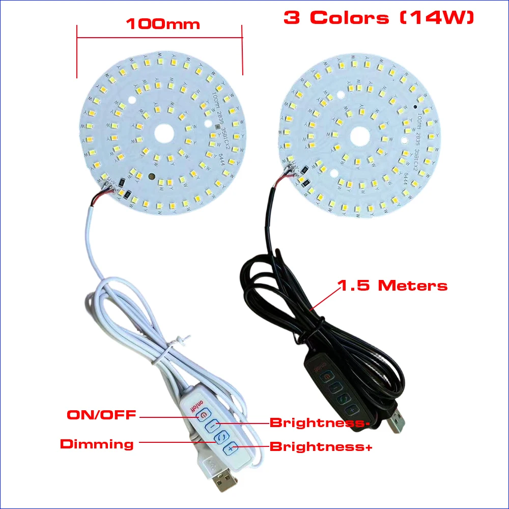 

1 шт. светодиодные фонари постоянного тока 5 В, онлайн-переключатель включения/выключения, контроллер затемнения с кабелем длиной 1,5 метра, 3000 К + 6500 К, световая плата 14 Вт, 100 мм.