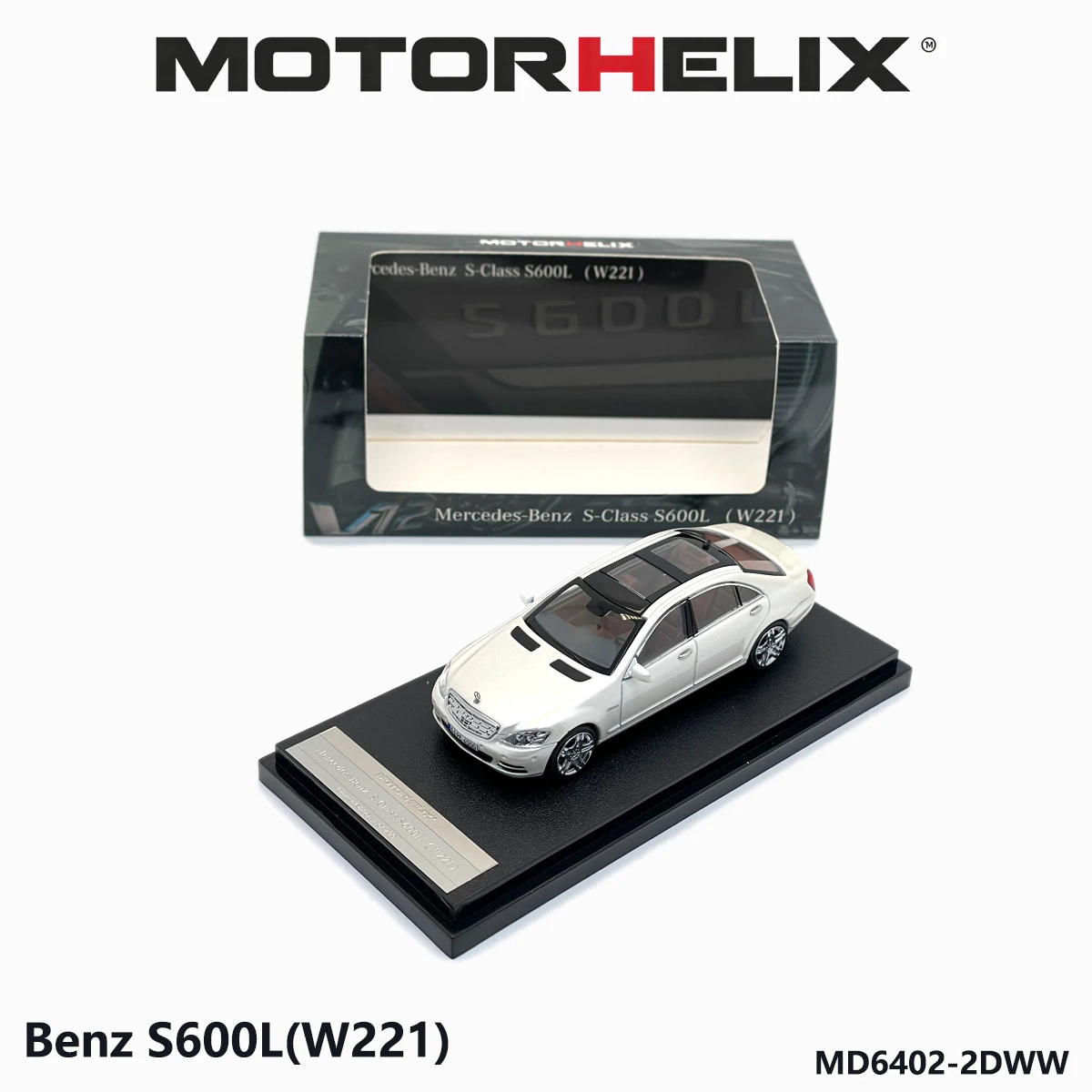 MotorHelix 1:64 Mercedes-Benz S600L W221 Pearl White Luxury Sedan Diecast Model Car With Display Base In Stock Ready To Ship