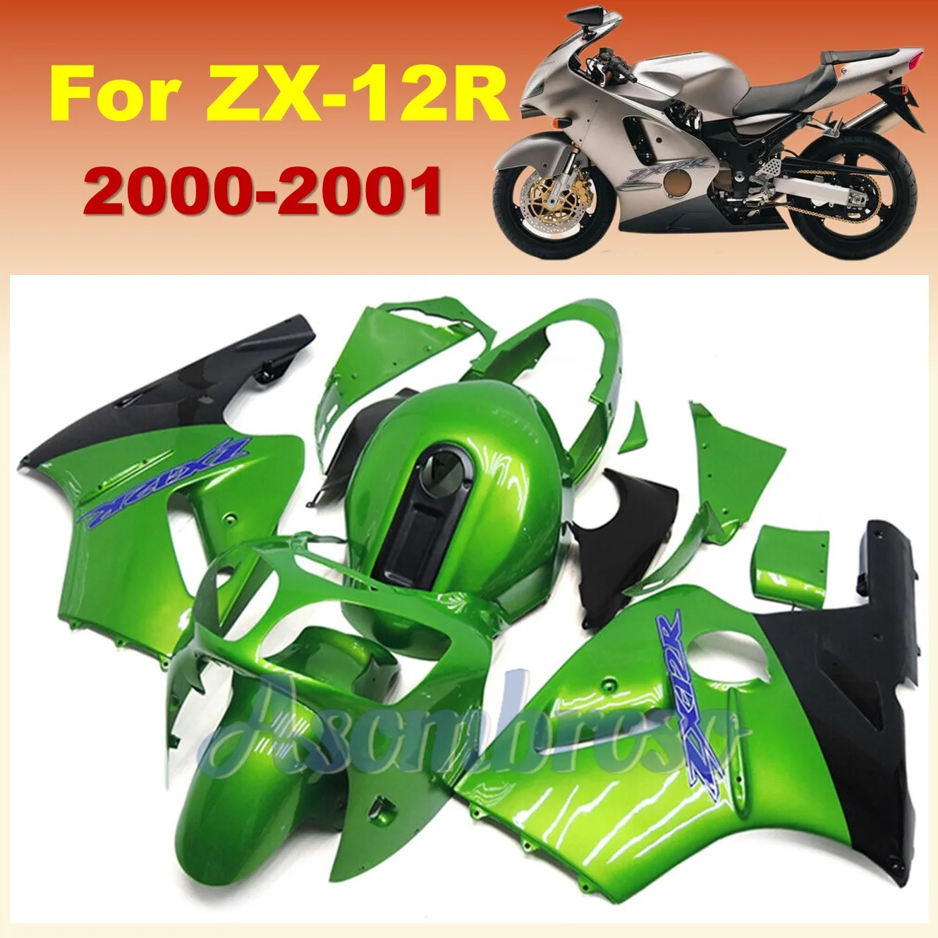 

Комплект обтекателей мотоцикла для Ninja ZX-12R 2000 2001 ZX12R zx 12r, высококачественный комплект литьевого кузова, зеленый ZXMT
