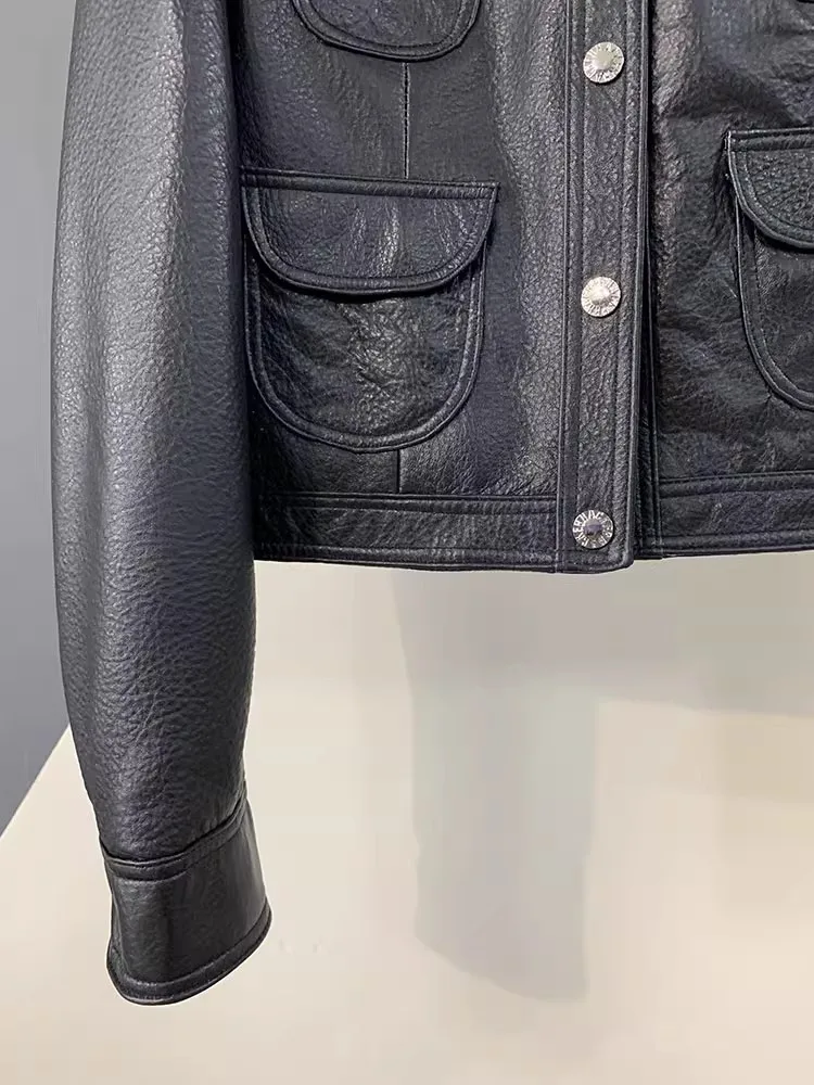 가을 신상 천연 가죽 여성 숏 재킷 라운드 넥 긴팔 재킷 탑 스트레이트 패션 코트 싱글 브레스티드 아우터웨어