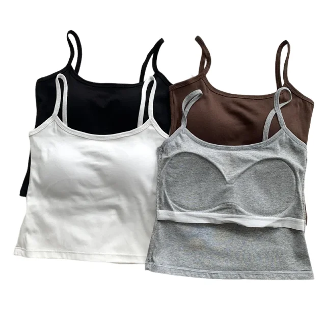 

KUCLUT Solid Color Spaghetti Straps Sleeveless Slim Camisole with Chest Pad Cotton Summer Wear Outside Female Short Tops Vests
