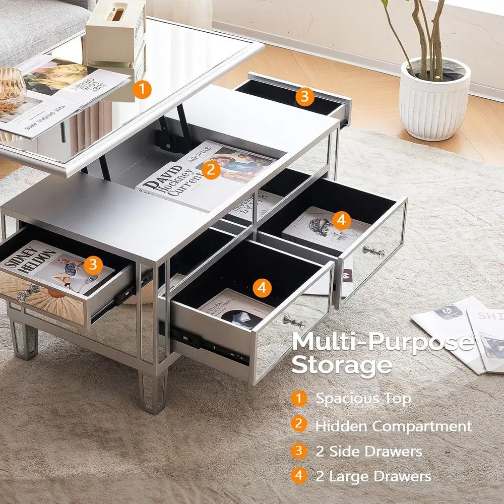 طاولة قهوة حديثة قابلة للرفع مع أدراج، فضي، 35 × 19 × 18 لغرفة المعيشة