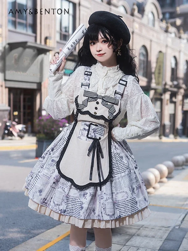 British Vintage Detachable Apron Printed Lolita Dress Sets Sweet Long Sleeve Shirt Cute Bow Square Neck Vest Dress Two-piece Set