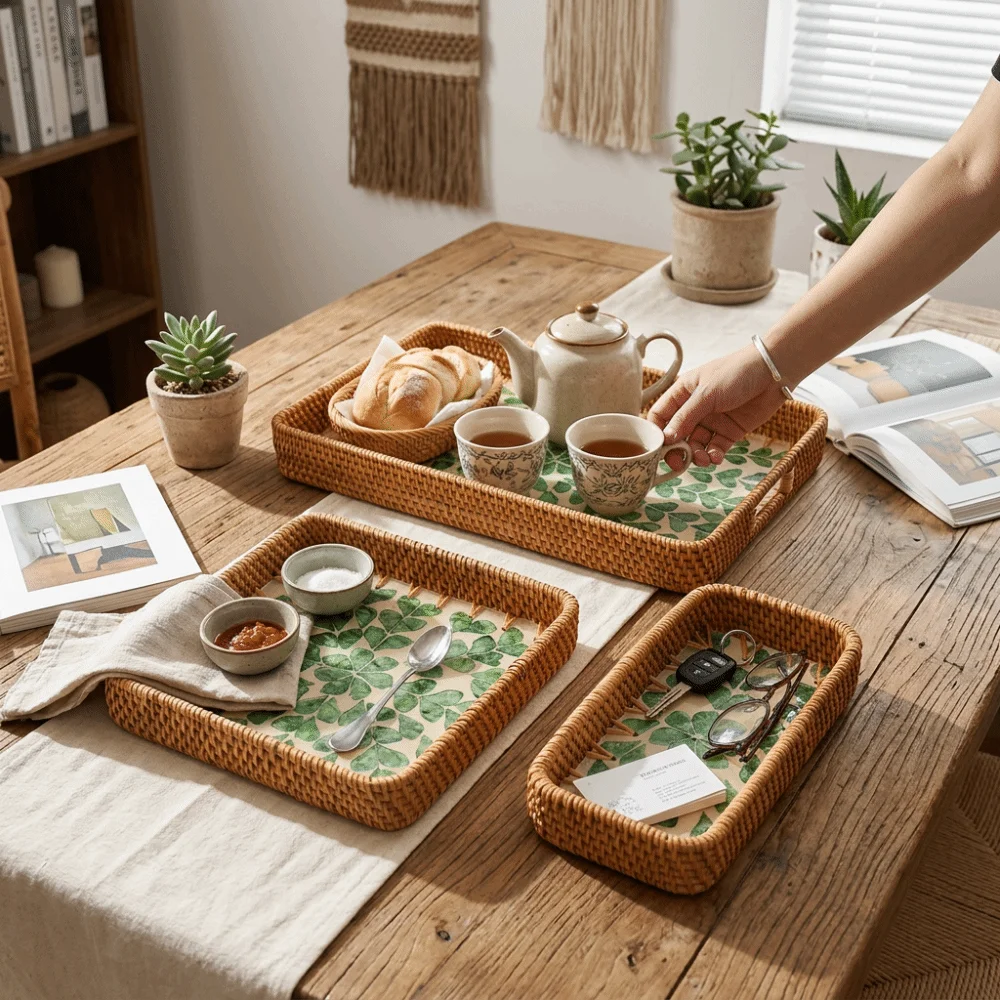 3Pcs Plant fiber Serving Tray Woven Texture Flat Tray Storage Basket Sturdy Breathable Structure Catchall Organizer