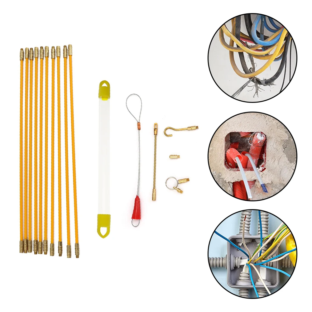 10Pcs Fiberglass Wire Cable Push Puller Running Rods Fish Pulling Kit Wall Electrical Wires With Hook Rods Tool Accessory