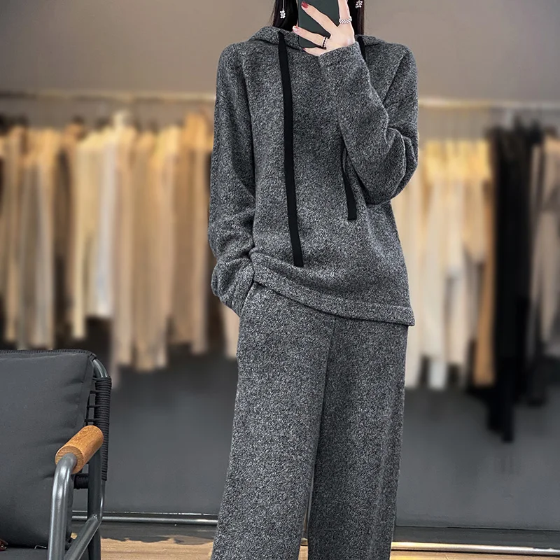 Women\'s 100 Australian Wool Hooded Set 23 New Pullover Sweater Solid Color Knitted Loose Pants Wide Leg Pants Two Piece Wool Set