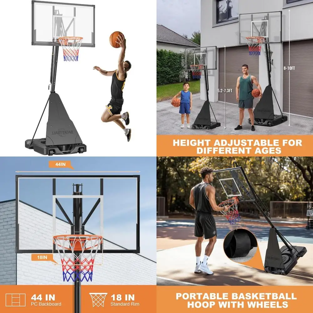 

Adjustable Outdoor Basketball Hoop, 5-10FT Manual Crank, Portable with 33/44 PC Backboard and Wheels for All Ages