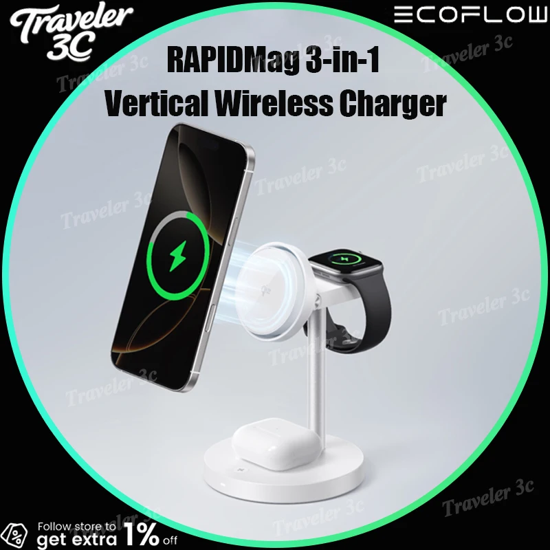 Ecoflow Rapid Mag 3 In 1 Wireless Charger Stand Qi2 15W Fast Charging Station Compatible For Iphone 17 Pro Max Apple Watch