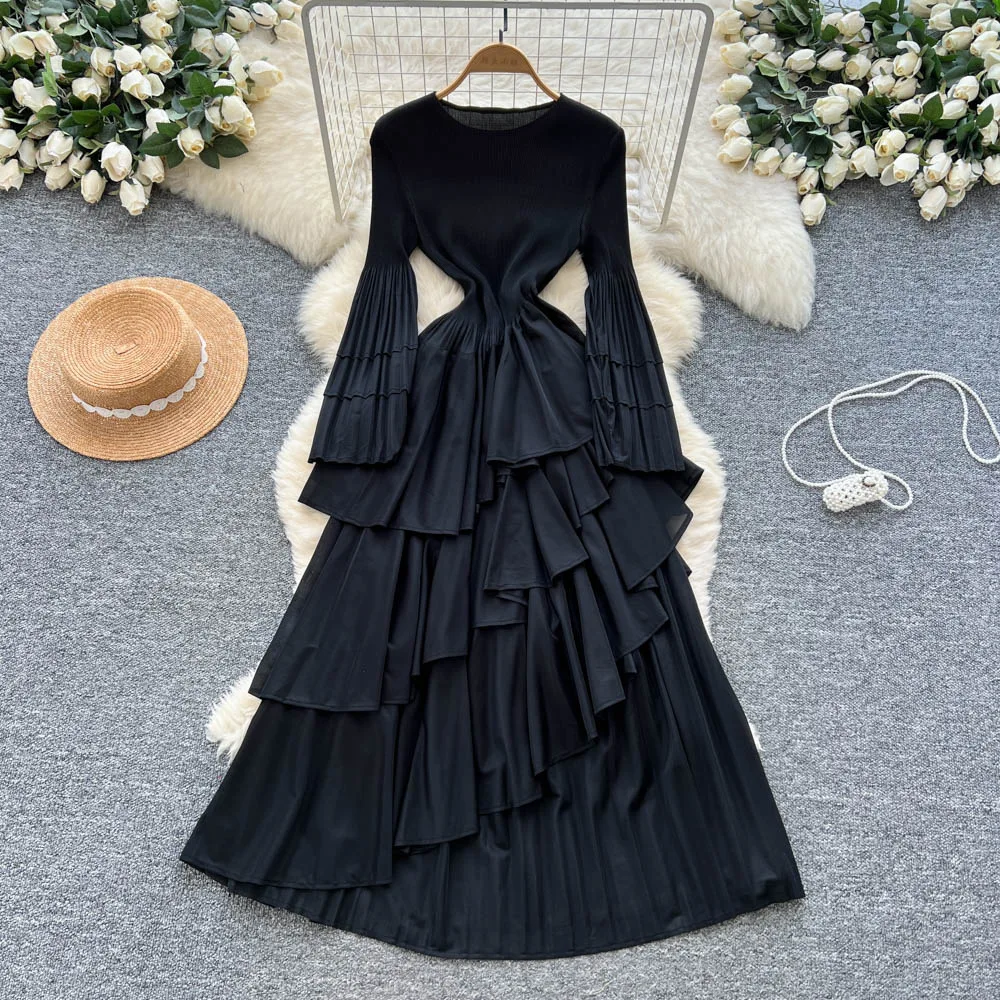 Women Long Dress Dresses A Line Vestidos Ruffles Irregular Party Night Streetwear Round Neck Full Sleeve Elegant Y2k Work