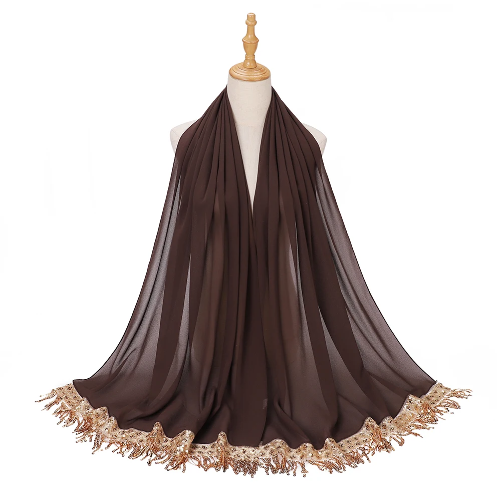 Neuer Pailletten-Quasten-Hijab Luxuriöse Chiffon-Schals Muslimischer Hijab Schlichte Lange Schals Damen Kopftuch Stirnband – Detail 9