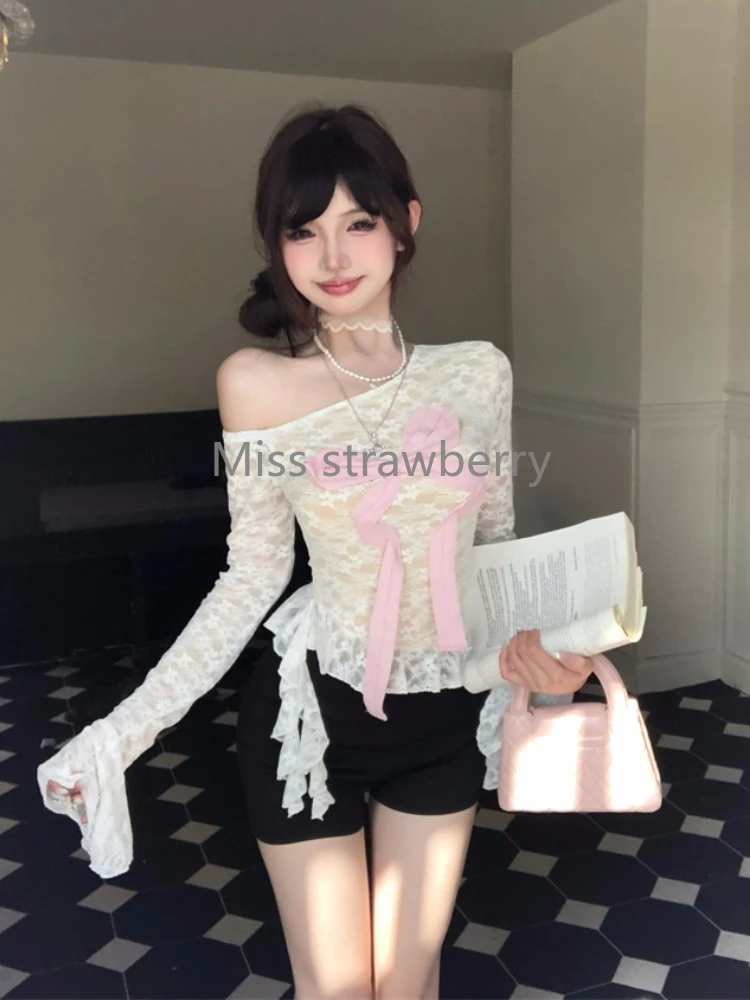 

Aesthetic sexy off shoulder Slim 2-piece set Women Design chic Sweet flare sleeve Tees Female + High-waist pink short skirt suit