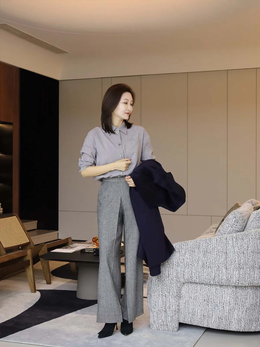 

High Waist Wide Leg Pants Asymmetrical Slit Faionable Trousers CHI "Genuine Line" Focus on Faion Matching Pieces