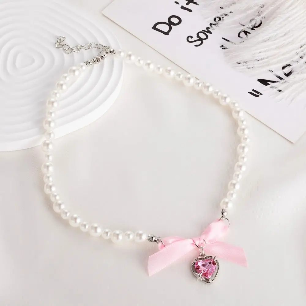 Pearls Pink Bow Necklace Korean Style Zircon Bowknot Pendant Choker Neckchain Jewelry Accessories Balletcore Choker Wedding