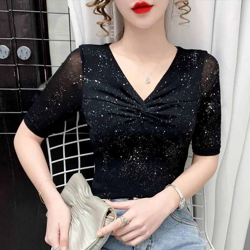 Short-sleeved Women Mesh T-shirt Summer Shiny bottoming top Casual Bright Silk Pleated Black Shirt blusa feminina