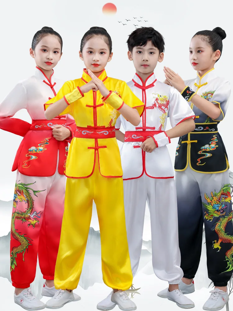 2024 chińskich dzieci tai chi wushu strój sztuk walki mundur kung fu skrzydełko chun shaolin nadruk ze smokiem zestaw kungfu w stylu vintage