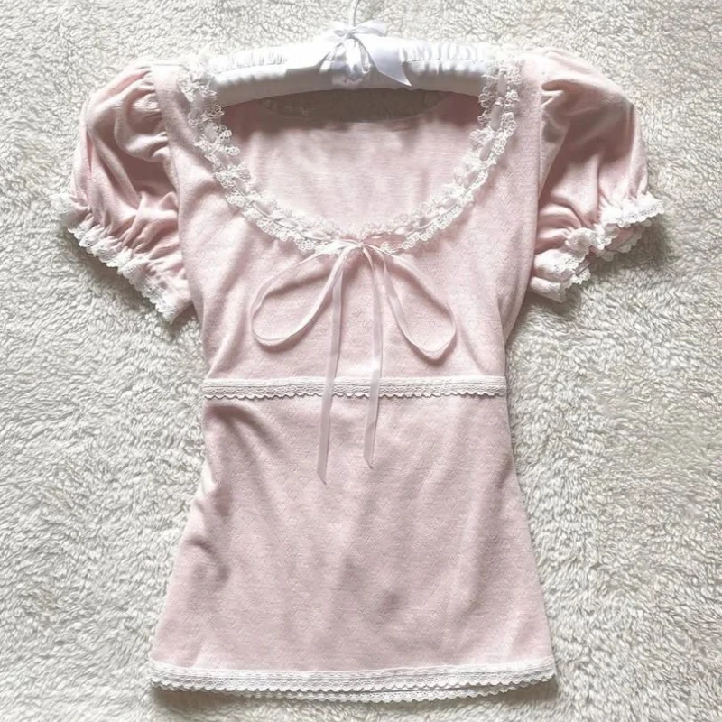 Deeptown Coquette Sweet T-shirts Women Pink Kawaii Bow Elegant Short Sleeve Tees Korean Fashion Lace Patchwork Slim T-Shirts image 2
