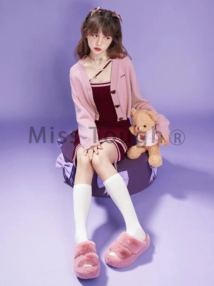 Winter Chic Knitted 2 Piece Set Women Solid Bow Evening Party Mini Dress Suit Female Korean Sweet Vingate Sweater Set 2023 New