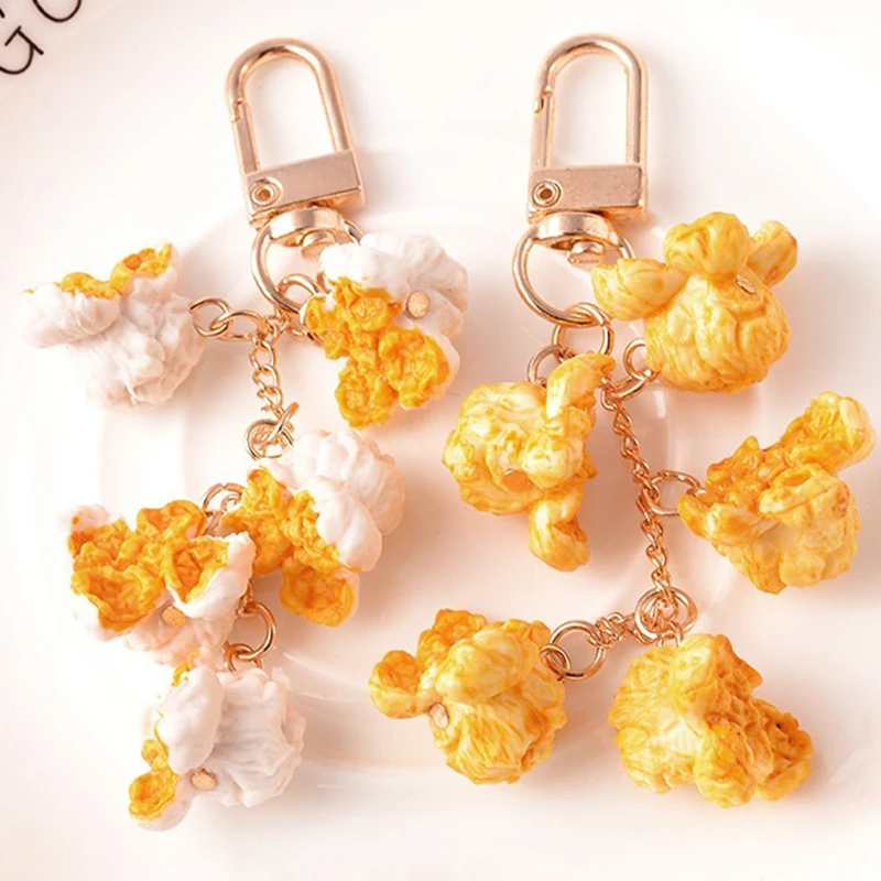 New Resin Simulation Food Play Realistic Yellow Cream Popcorn Keychain Creative Yellow White Popcorn Bag Pendant Key Chain Gift