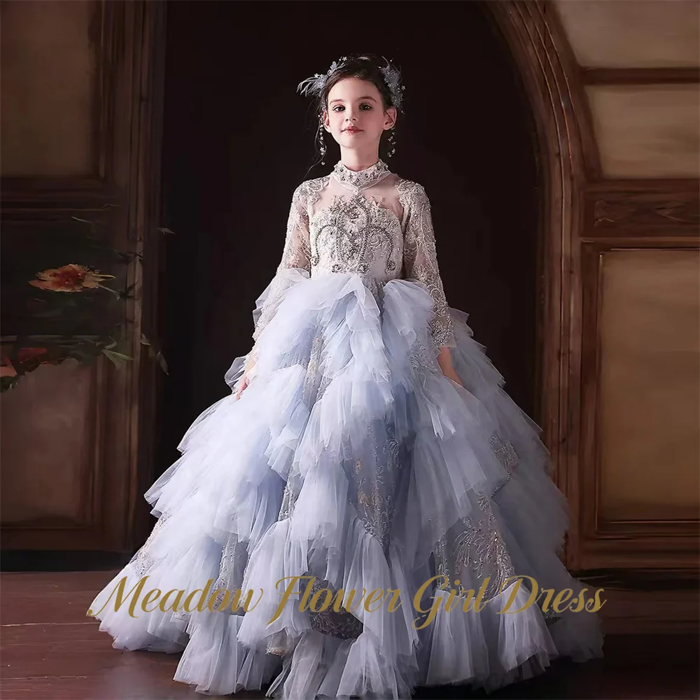 Meadow Light Blue Tutu Fluffy Prom Gown High Neck Cut Out Elegant Kids Girl Birthday Party Dress Full Sleeve Flower Girl Gown