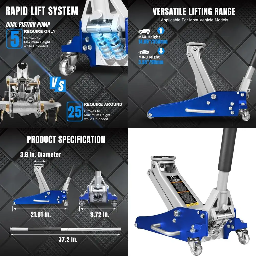 

Домкрат гидравлический Torin Racing, алюминий и сталь, грузоподъемность 1,5 тонны, двухпоршневой насос, синий