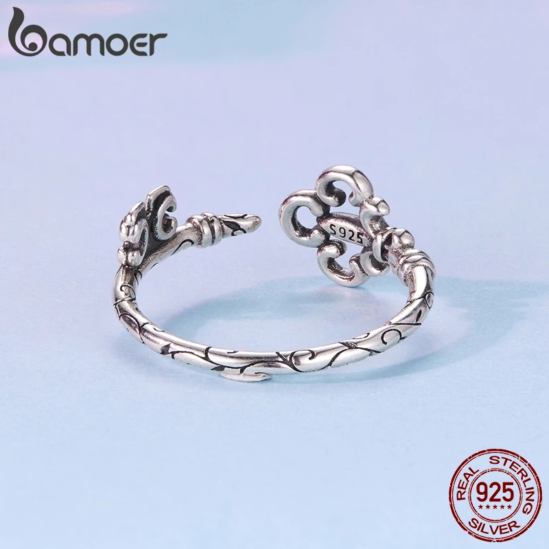 Bamoer 925 فضة مفتاح حلقة مفتوحة نمط خمر جوفاء قفل لامعة الدائري الأصلي للنساء هدية خرافية سحرية #5