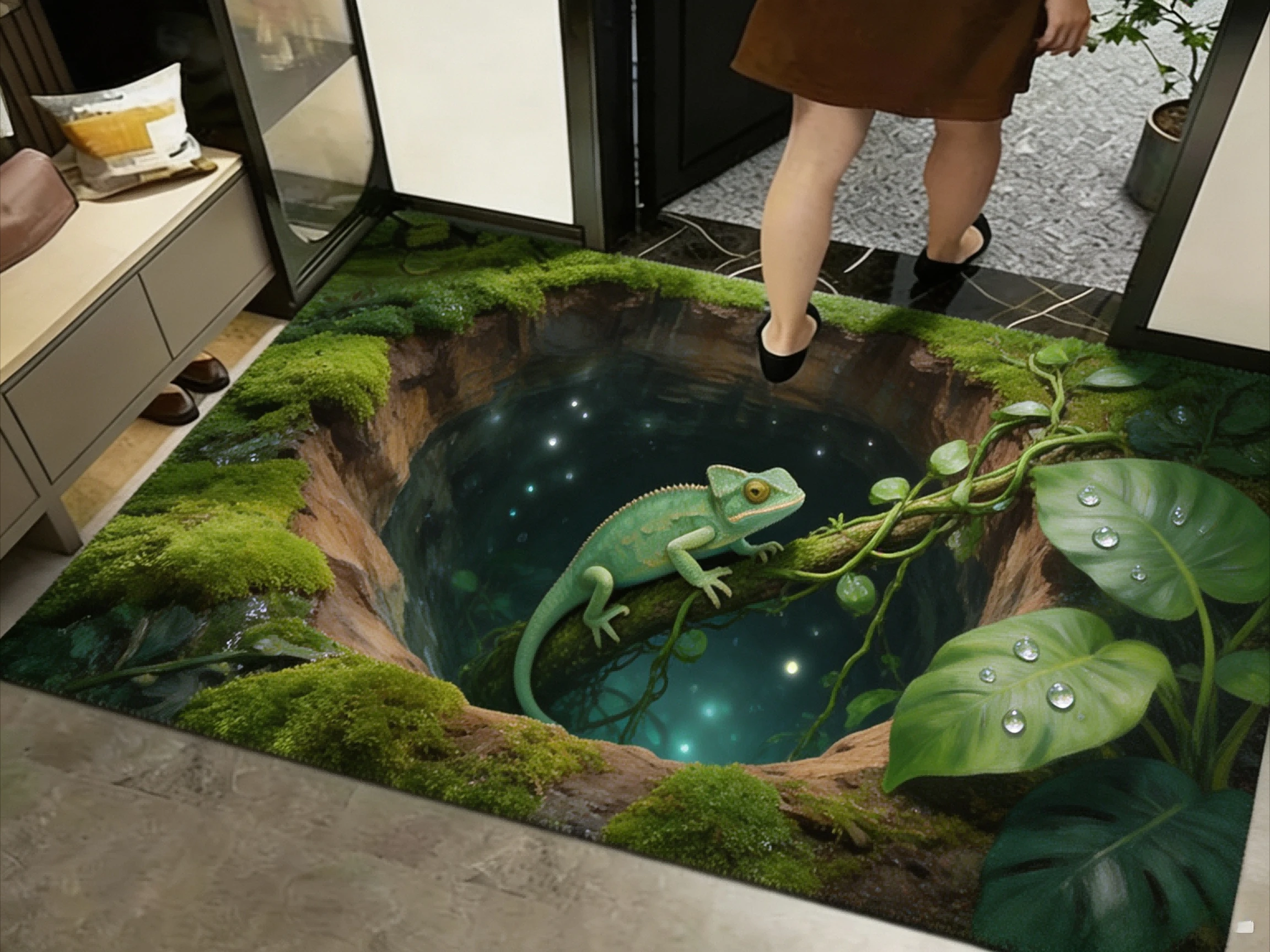 2D Illusion Chameleon Area Rug Jungle Pit Moss Tropical Leaf Art Print Fantasy Nature Graphic Rug for Living Room Bedroom  Space