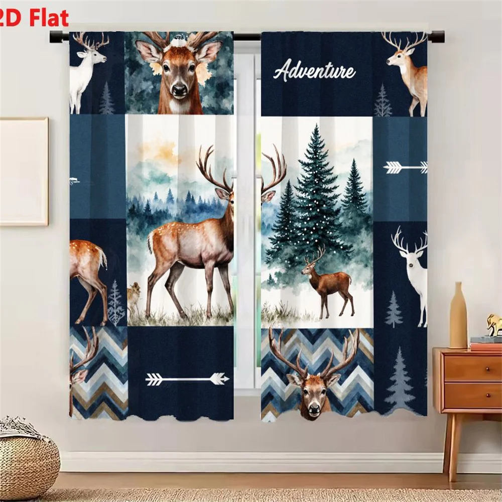 2Pcs Curtains 2D Flat Nature Adventure Patchwork Design With Deer Forest Elements Dark Blue Background Chevron Patterns And Arro